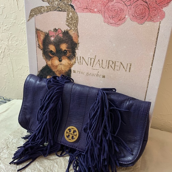 TORY BURCH PURPLE SAWLA LEATHER SUEDE CLUTCH GUC M - Picture 2 of 16